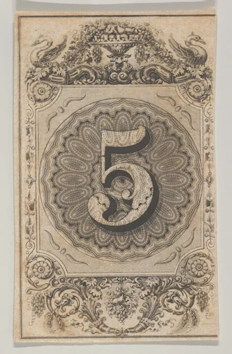 Banknote motif: the number 5 set against a scallop-edged circle of ornamental lathe work, within a rectangle with cut off corners, the top adorned with a vase and swans, the bottom with fruit and grain by Cyrus Durand, print, 1819-1847