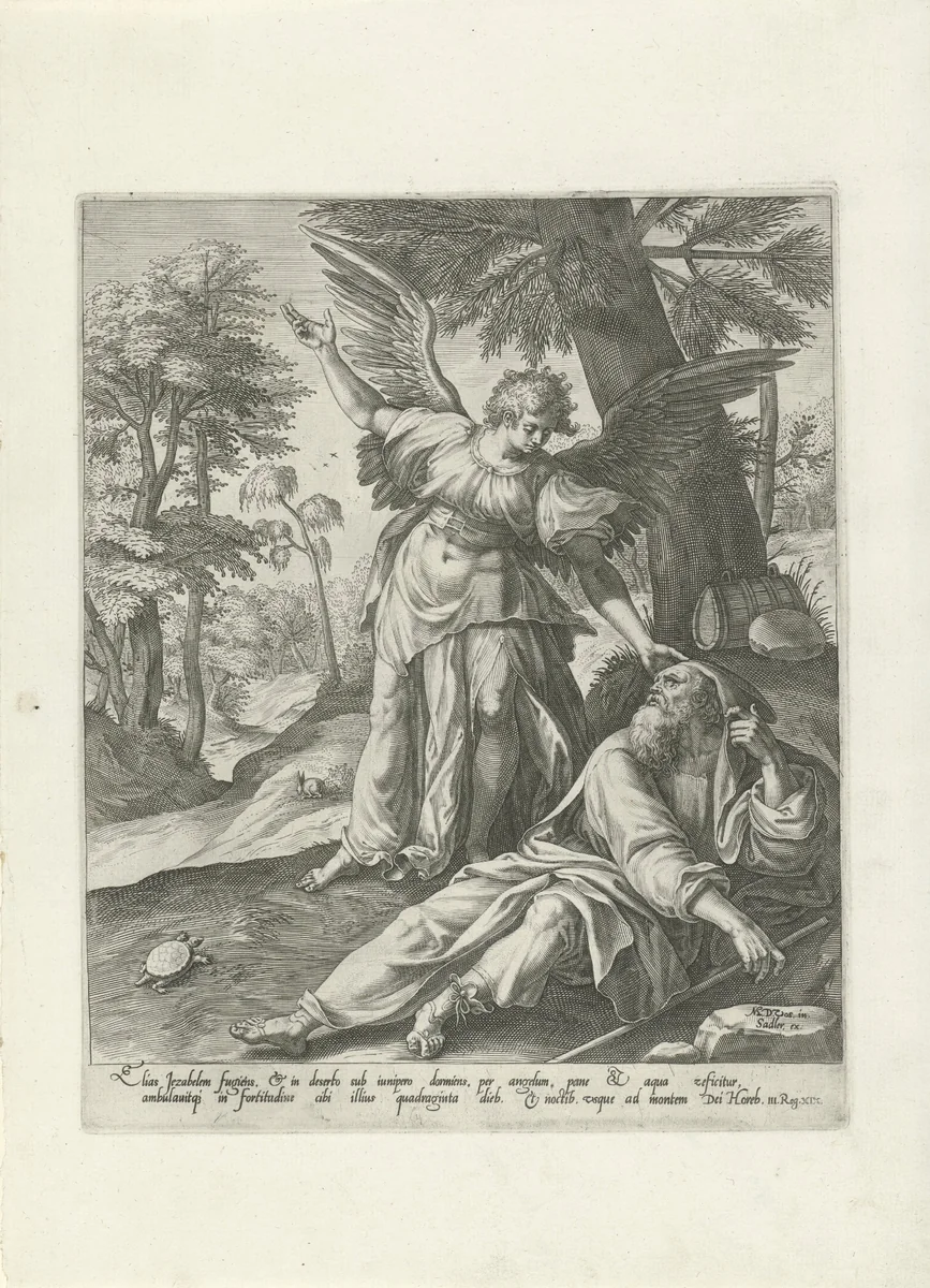 Elia bezocht door een engel in de woestijn by Unknown, print, 1582