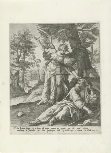 Elia bezocht door een engel in de woestijn by Unknown, print, 1582