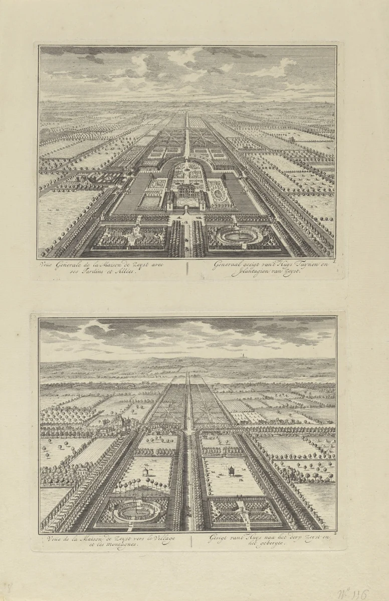 Gezicht op Slot Zeist en de omgeving in vogelvlucht / Gezicht vanaf Slot Zeist op het dorp en de omgeving by Daniël Stopendaal, print, 1682-1726
