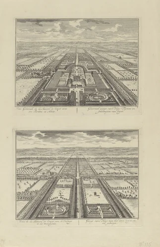 Gezicht op Slot Zeist en de omgeving in vogelvlucht / Gezicht vanaf Slot Zeist op het dorp en de omgeving by Daniël Stopendaal, print, 1682-1726