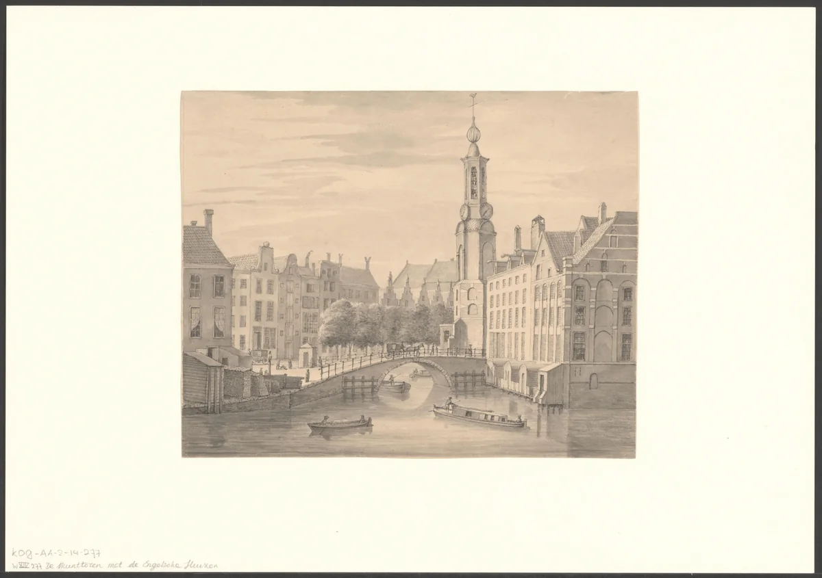 Gezicht op de Engelse huizen en de Munttoren by anonymous, drawing, 1847