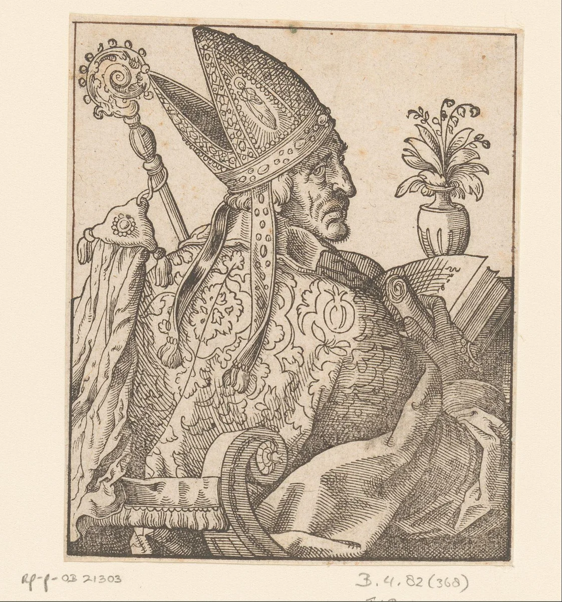 Zittende bisschop met een bloemenvaas by anonymous, print, 1580