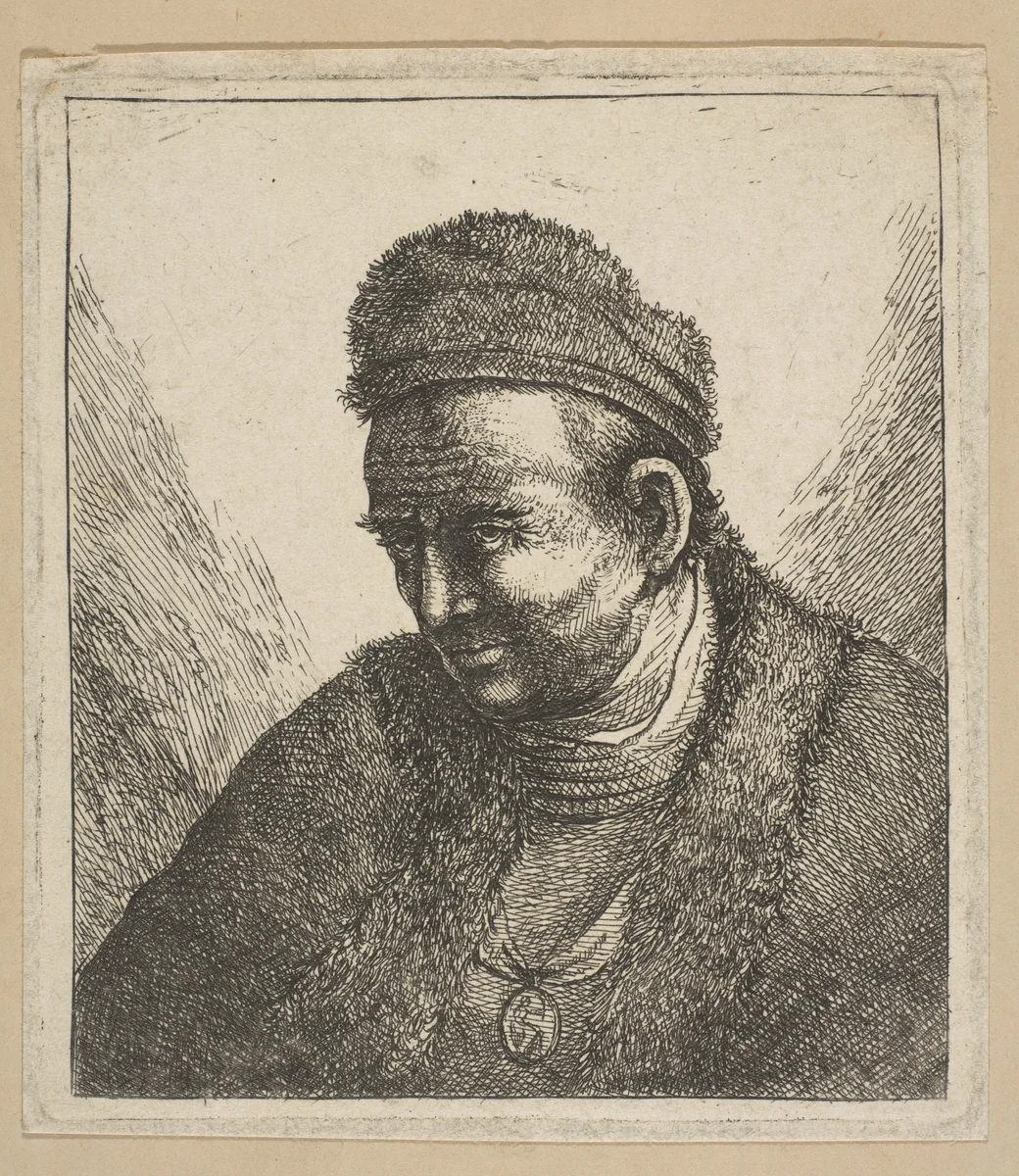 Beardless Man in Fur Cloak and Cap: Bust by David Deuchar, print, 1760-1808
