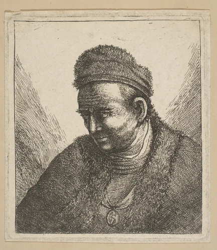Beardless Man in Fur Cloak and Cap: Bust by David Deuchar, print, 1760-1808