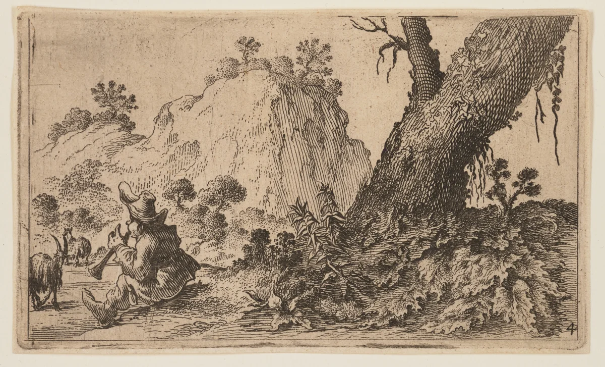 Shepherd Playing a Recorder to a Flock of Goats, from Twelve Landscapes by Gillis van Scheyndel, print, 1605-1650