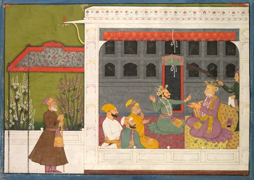 Shispul Arguing with Rukmini's Father, Bhishmaka, page from a Rukmini Mangal series by Mola Ram, painting, 1795-1805