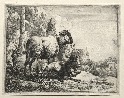 Goat with Bell by Johann Heinrich Roos, print, 1665