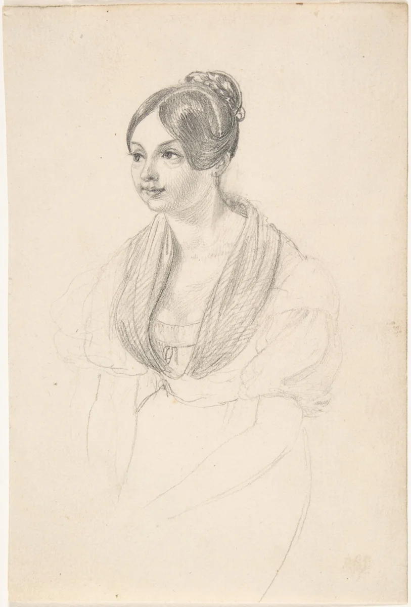 Portrait of a Young Woman; verso: Sketch of a Young Woman with her Hands Resting on a Table by Georg Friedrich Kersting, drawing, 1800-1847