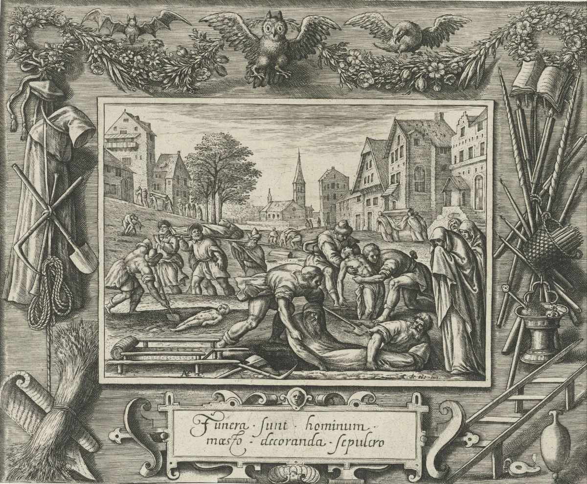 De doden begraven by Crispijn van de Passe, print, 1580-1588