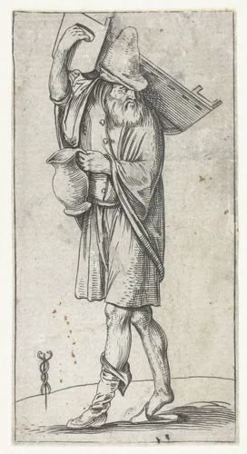 Man met wieg en kruik by anonymous, print, 1504-1554