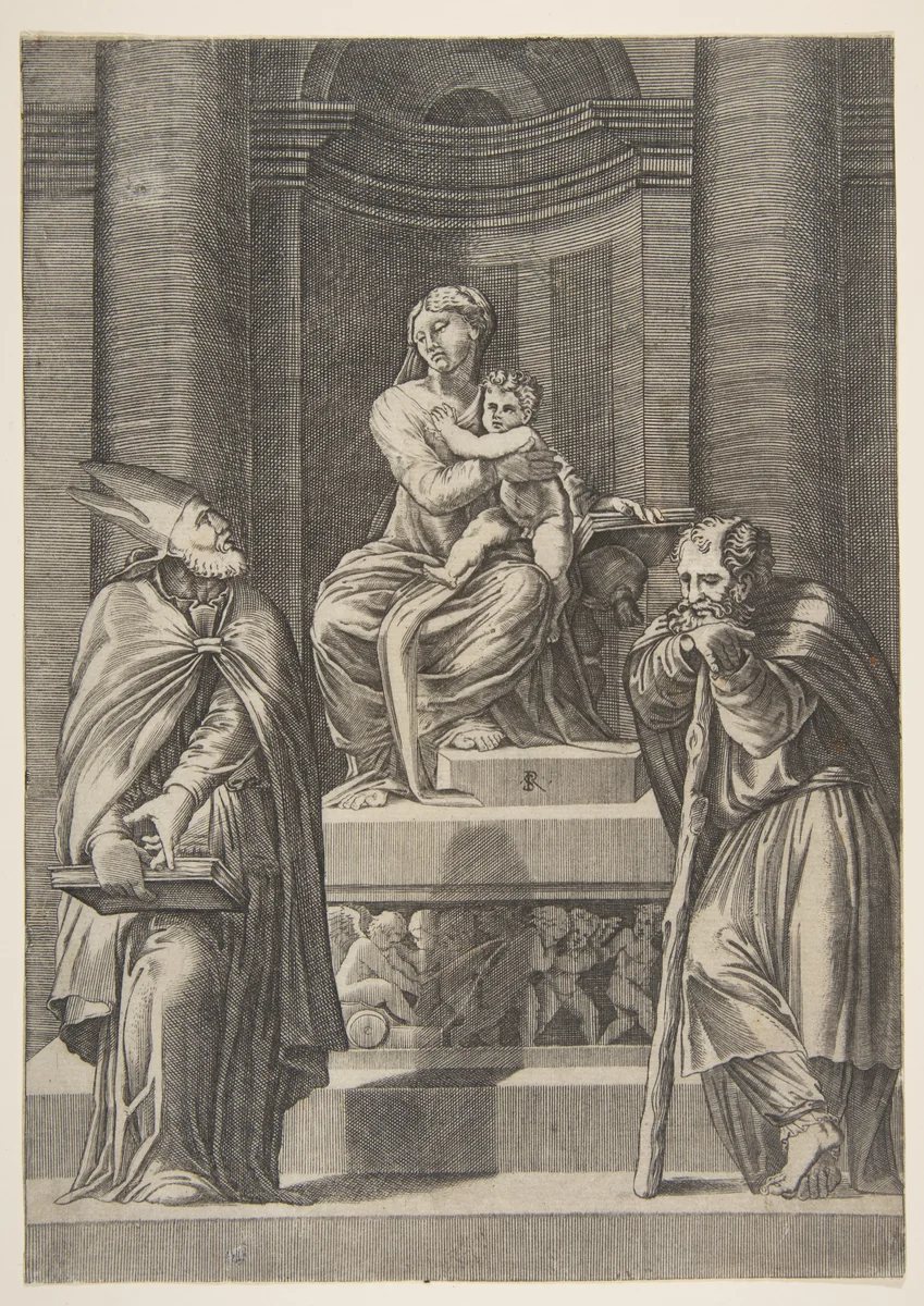 Saint Joseph at left and a bishop at right standing before the altar of the Virgin and Christ Child by Marco Dente, print, 1510-1532