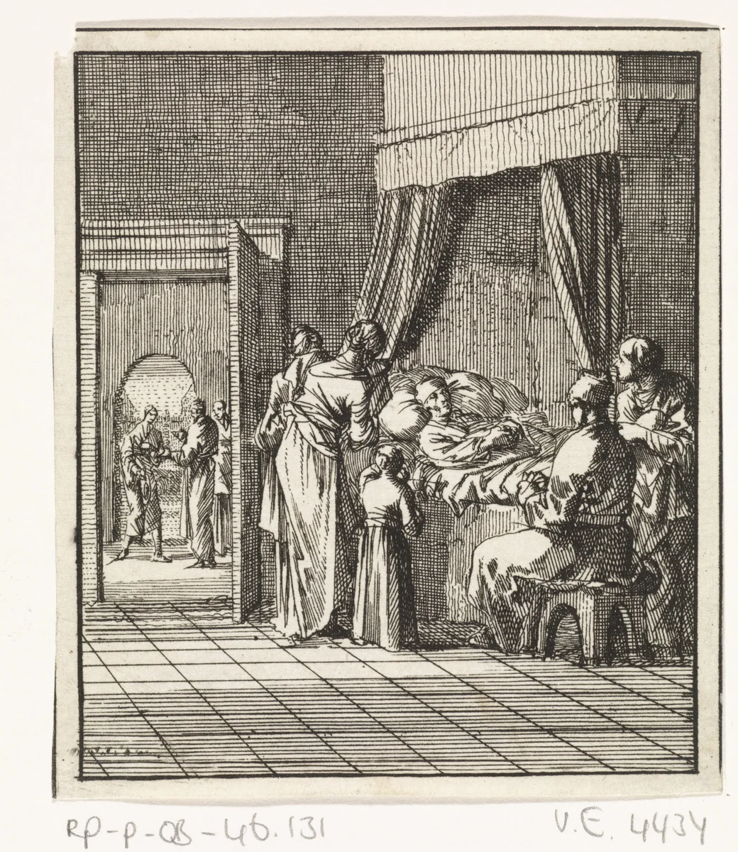 Familie rond het sterfbed van vader by Jan Luyken, print, 1712