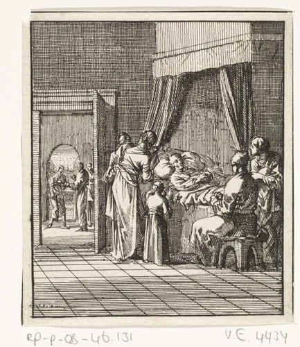 Familie rond het sterfbed van vader by Jan Luyken, print, 1712