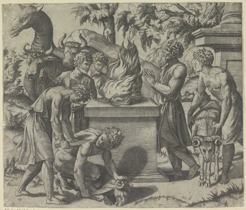 Het offer van Noach by Marco Dente, print, 1498-1532