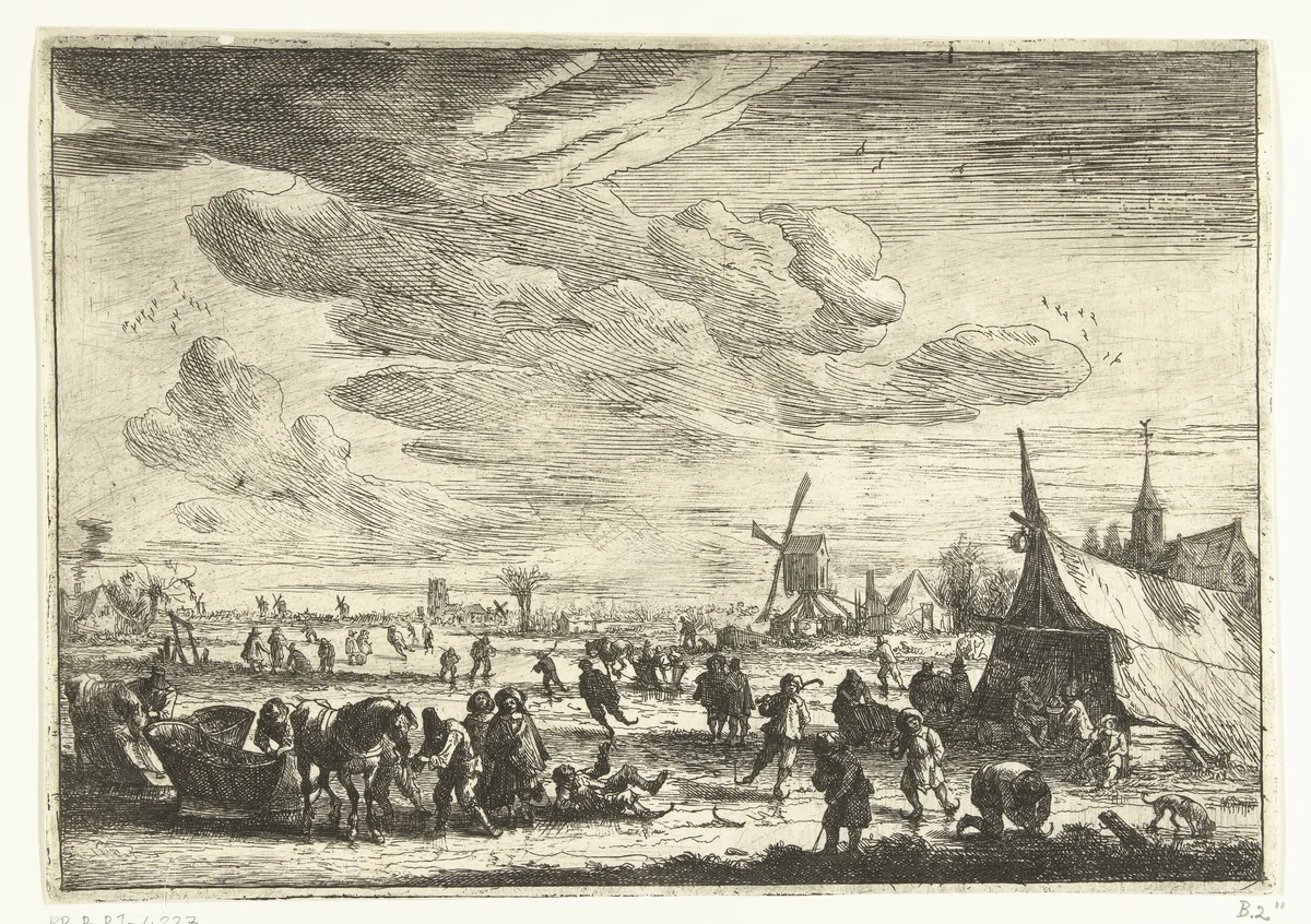 Schaatsers op het ijs by Pieter Bout, print, 1664-1719