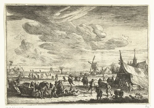 Schaatsers op het ijs by Pieter Bout, print, 1664-1719