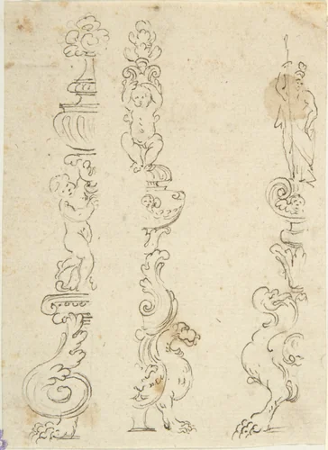 Right and Left Halves of Three Candelabras by anonymous, drawing, 1500-1599