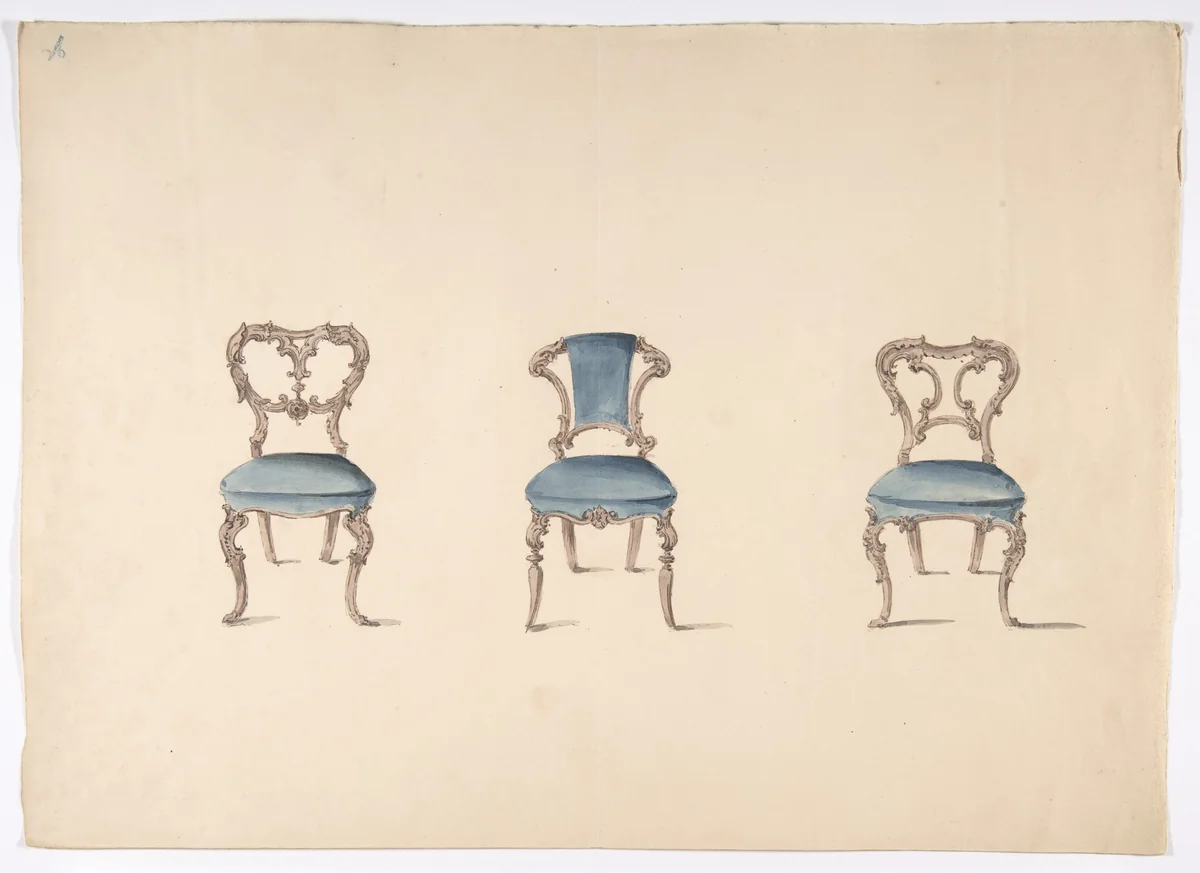 Design for Three Chairs Upholstered in Blue by anonymous, drawing, 1800-1850