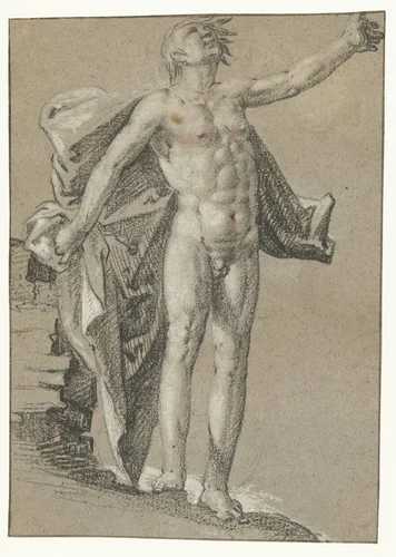 Staand mannelijk naakt met zwevende draperie by Cornelis Cornelisz. van Haarlem, drawing, 1572-1638