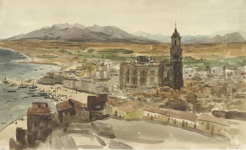 Gezicht op Malaga vanuit het Noorden by Adrien Dauzats, drawing, 1836
