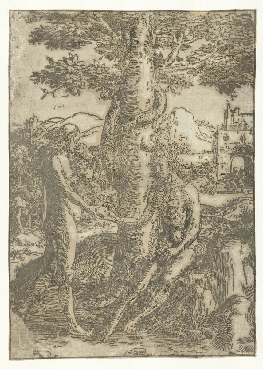 De zondeval by Lucas van Leyden, print, 1512-1516