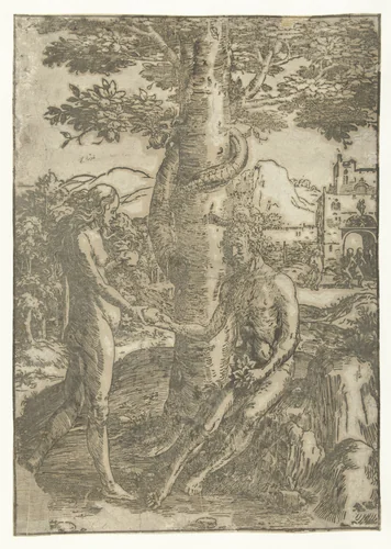 De zondeval by Lucas van Leyden, print, 1512-1516