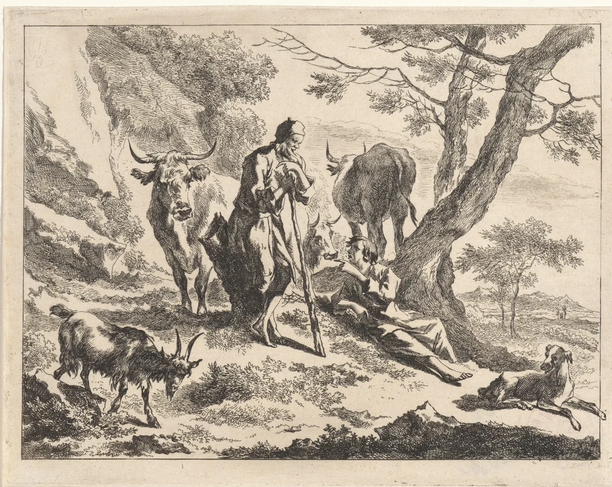 Oude herder in gesprek met een jonge herder by Jan de Visscher, print, 1643-1692
