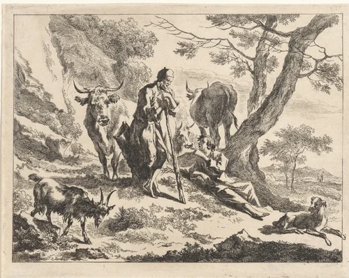 Oude herder in gesprek met een jonge herder by Jan de Visscher, print, 1643-1692
