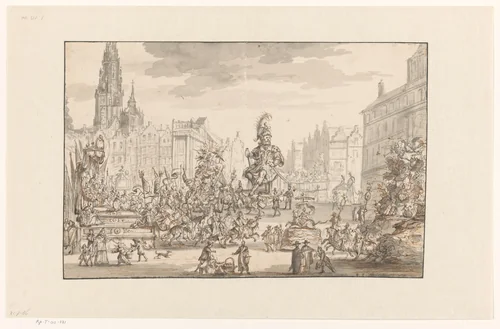Ommegang op de Meirplaats te Antwerpen, 1684-1685 by Gonzales van Heylen, drawing, 1684-1685