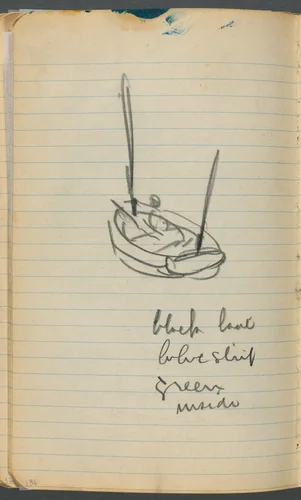 Sketchbook, page 136: Sailboat with notes by Maurice Prendergast, book, 1905-1910
