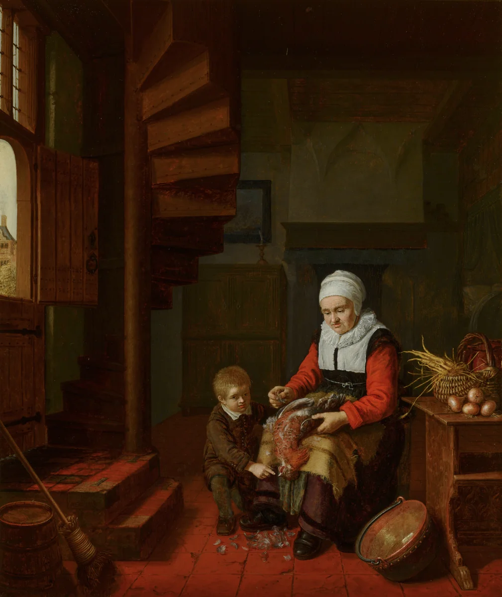 Old Woman Plucking a Cock by Abraham de Pape, painting, 1650