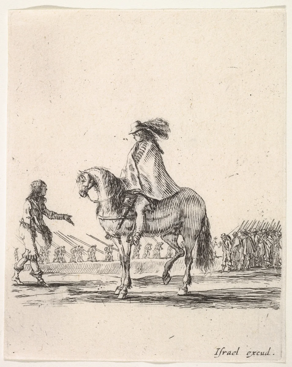 Horseman in center facing left speaking to a man on foot, infantry troops in a line in the background, from "Various cavalry exercises" (Diverses exercices de cavalerie) by Stefano della Bella, print, 1642-1645