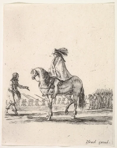 Horseman in center facing left speaking to a man on foot, infantry troops in a line in the background, from "Various cavalry exercises" (Diverses exercices de cavalerie) by Stefano della Bella, print, 1642-1645