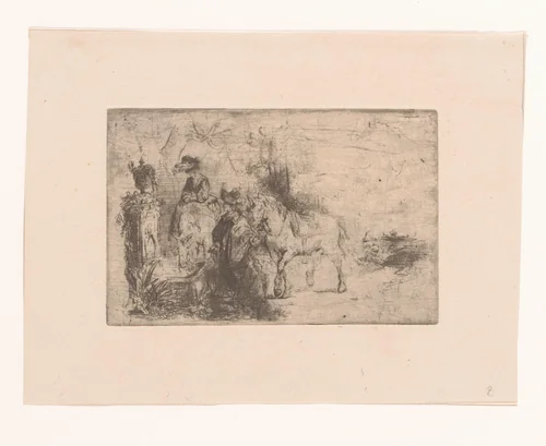 Gesprek bij een drinkbak by Adrien Joseph Verhoeven-Ball, print, 1834-1882