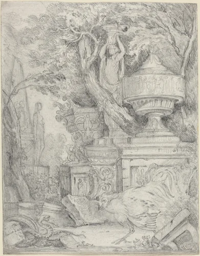 Ancient Sculptures with a Cock Fighting a Snake by James Stuart, drawing, 1713-1788