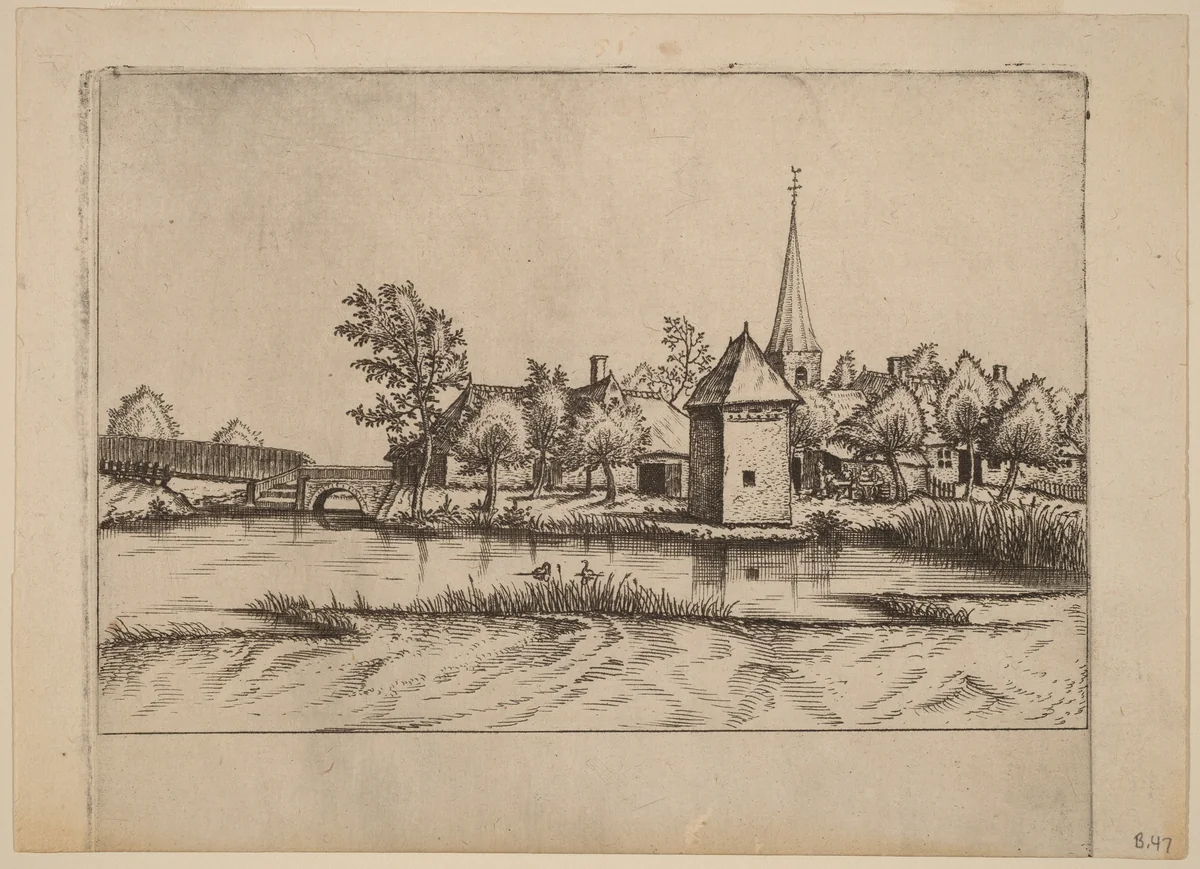 Country Village with Church and Bridge by Johannes van Doetechum; Lucas van Doetechum; Master of the Small Landscapes, print, 1559-1561