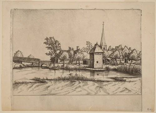 Country Village with Church and Bridge by Johannes van Doetechum; Lucas van Doetechum; Master of the Small Landscapes, print, 1559-1561