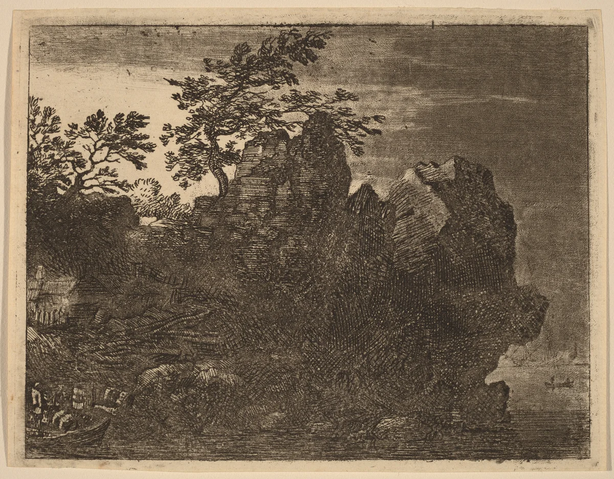 Large Rock at the River by Allart van Everdingen, print, 1645-1656