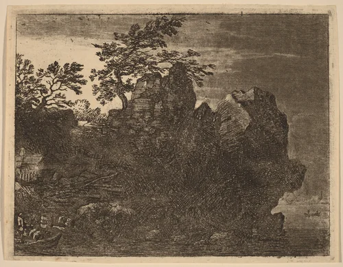 Large Rock at the River by Allart van Everdingen, print, 1645-1656