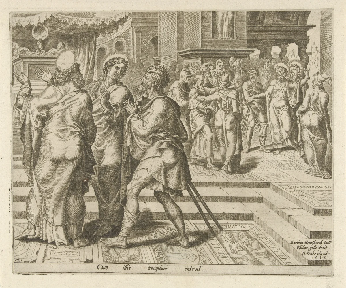 Petrus en Johannes genezen een verlamde man bij de tempelpoort by Unknown, print, 1558