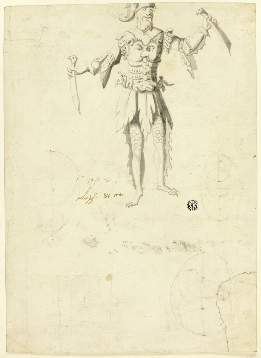 Costumed Man Carrying Two Swords by Unknown Artist, drawing, 1650-1749