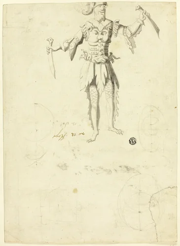Costumed Man Carrying Two Swords by Unknown Artist, drawing, 1650-1749