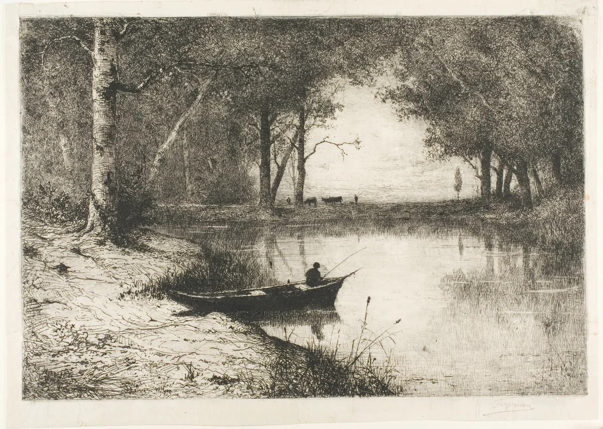 Fisherman in a Boat at the Riverside by Adolphe Appian, print, 1887