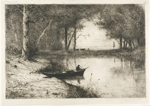 Fisherman in a Boat at the Riverside by Adolphe Appian, print, 1887