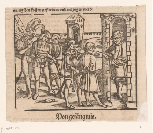 Twee gevangenen worden naar een gevangenis geleid by anonymous, print, 1518
