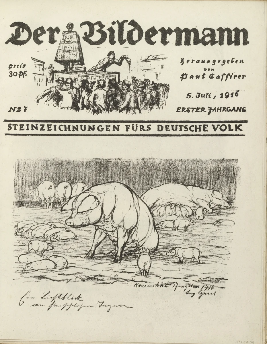 A Ray of Hope on Meatless Days (Ein Lichtblick an fleischlosen Tagen) (front cover, folio 14) from the periodical Der Bildermann, vol. 1, no. 7 (Jul 1916) by August Gaul, periodical, 1916