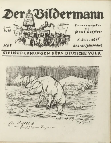 A Ray of Hope on Meatless Days (Ein Lichtblick an fleischlosen Tagen) (front cover, folio 14) from the periodical Der Bildermann, vol. 1, no. 7 (Jul 1916) by August Gaul, periodical, 1916