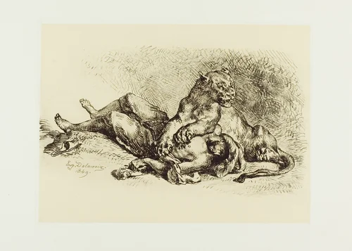 Lioness Tearing at the Chest of an Arab by Eugène Delacroix, print, 1849