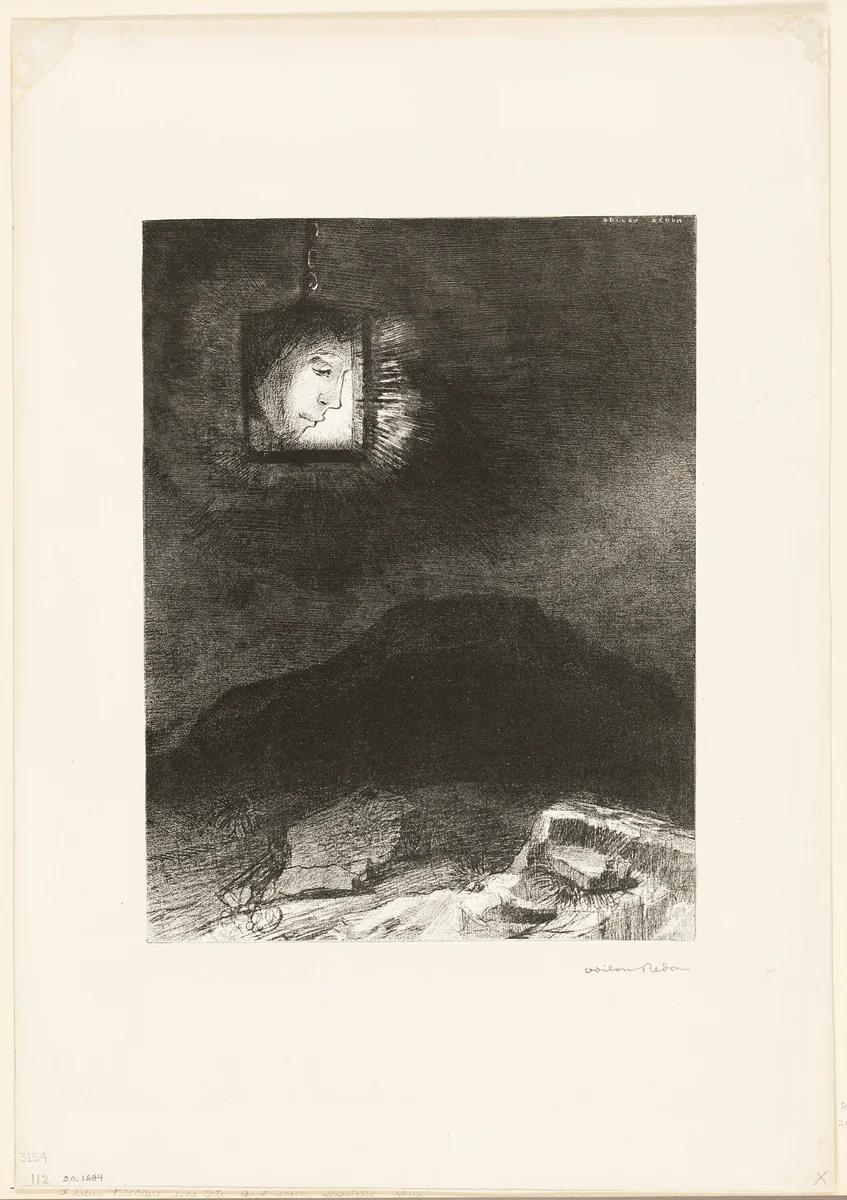 Precarious Glimmering, a Head Suspended from Infinity, plate 3 of 6 by Odilon Redon, print, 1891
